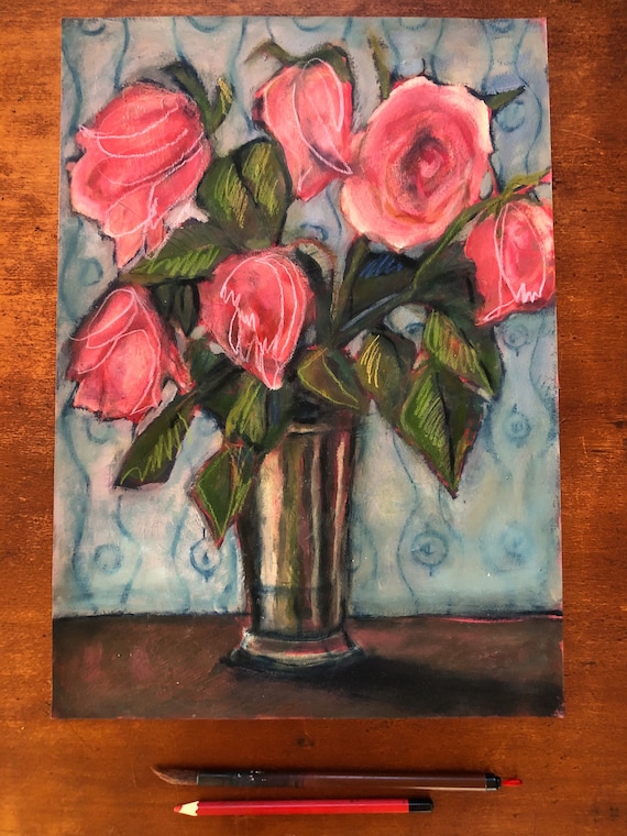 Pink Roses original mixed media painting on paper artwork by Paula Mills Wall Botanical Art