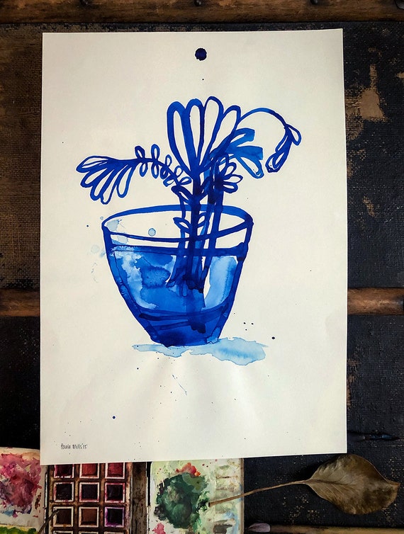 Original Watercolor artwork Inky Blue Vase by Paula Mills Unique Botanical Wall Art