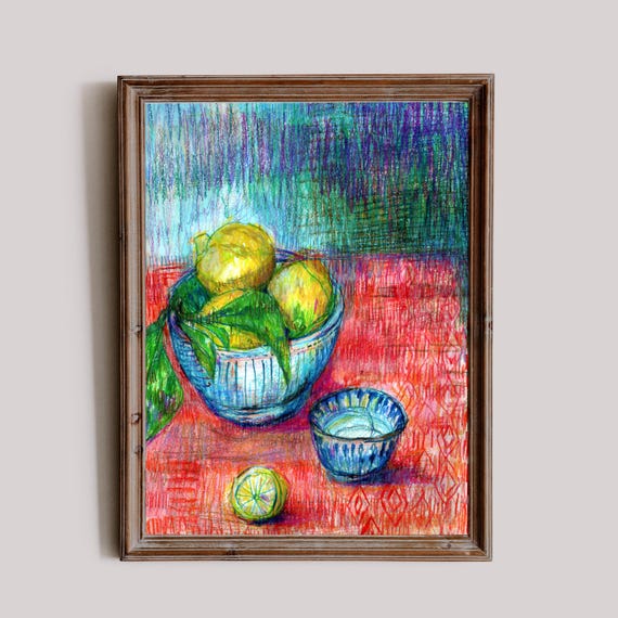 Lemons In Blue Bowls Still Life Original watercolour, mixed media and ink painting on paper artwork by Paula Mills Wall Art