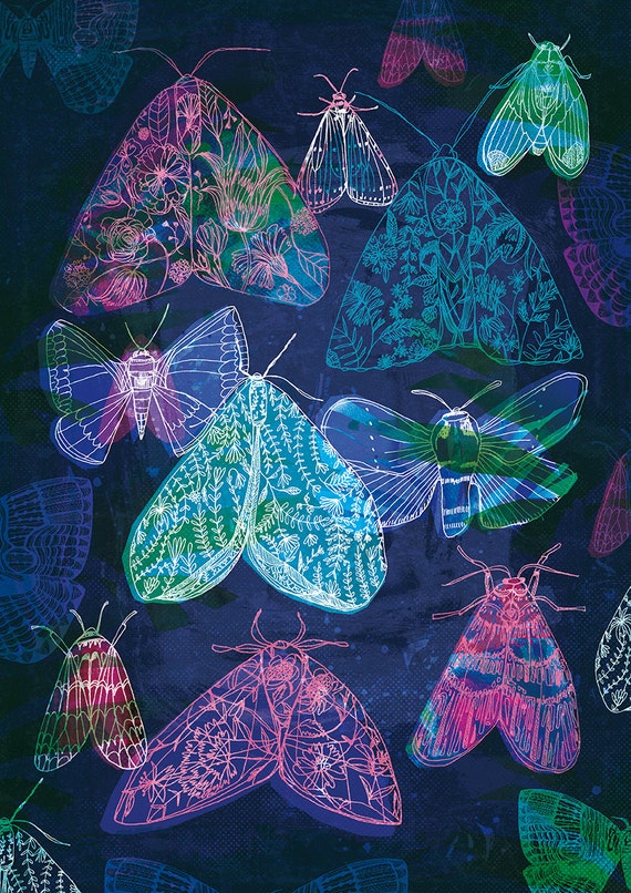 Floral Night Moths Archival Quality Wall Art Print moth illustration Flower Decor, Botanical Print, Archival Wall Art Unframed Print