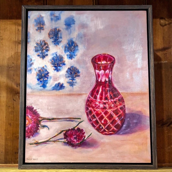 Ruby Red Cut Glass Vase still life framed original oil painting on board
