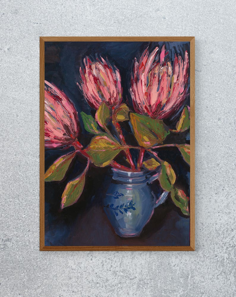 Pink Proteas in Blue Pot Wall Art Print Archival Limited Edition Botanical Wall Art Print Australian Native image 9