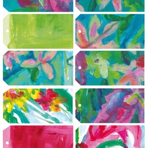 Helle Blumen Painterly Tags, digitaler Download Set von 10 illustrativen Tags, Geburtstag, Hochzeit Gunst, Junk Journal, digitale Collage