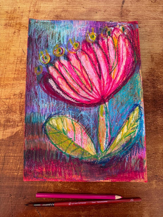 Big Pink Tulip Original mixed media drawing on paper by Paula Mills, botanical art decor