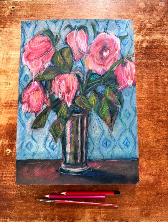 Pink Roses In Silver Still Life Original watercolour, mixed media and ink painting on paper artwork by Paula Mills Wall Art