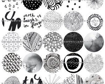 Printable black and white graphics, 1.5 inch circles, digital download, digital scrapbook, junk journal, digital collage