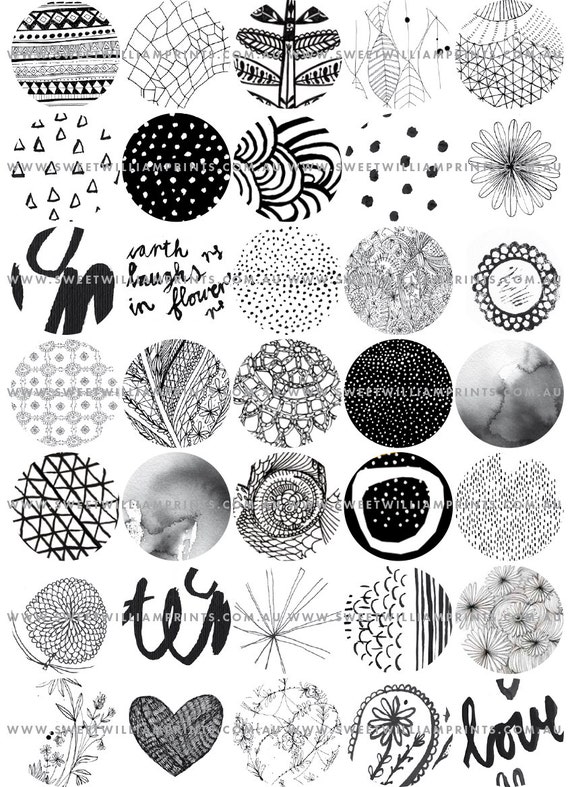 Printable black and white graphics, 1.5 inch circles, digital download, digital scrapbook, junk journal, digital collage