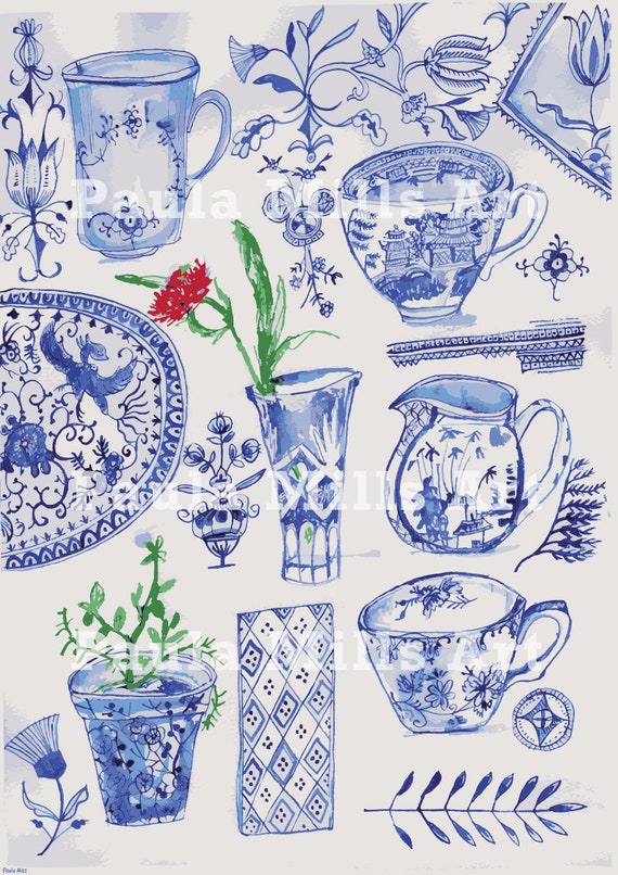 Blue and White Tea Cup Collection - Instant Digital Download  Printable Art Scrapbooking Journaling Collage