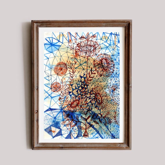 Paper Daisies in Blue and Brown Ink Hand Painted Original Artwork Unique Home Decor and Gift Idea