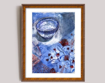 Blue and White Rice Bowl Still Life Wall Art Print Watercolour and Ink Painting Botanical Print