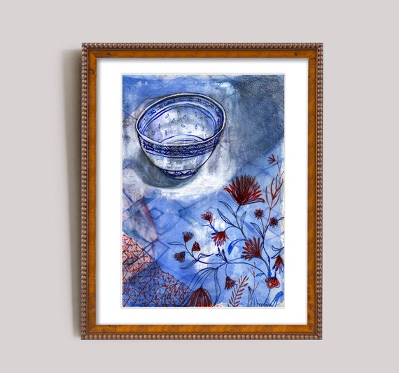 Blue and White Rice Bowl Still Life Wall Art Print Watercolour and Ink Painting Botanical Print
