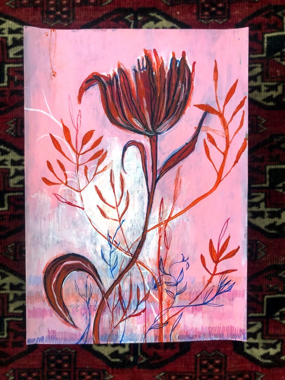 Original acrylic mixed media painting on paper Red on Pink Tulip artwork by Paula Mills Wall Art