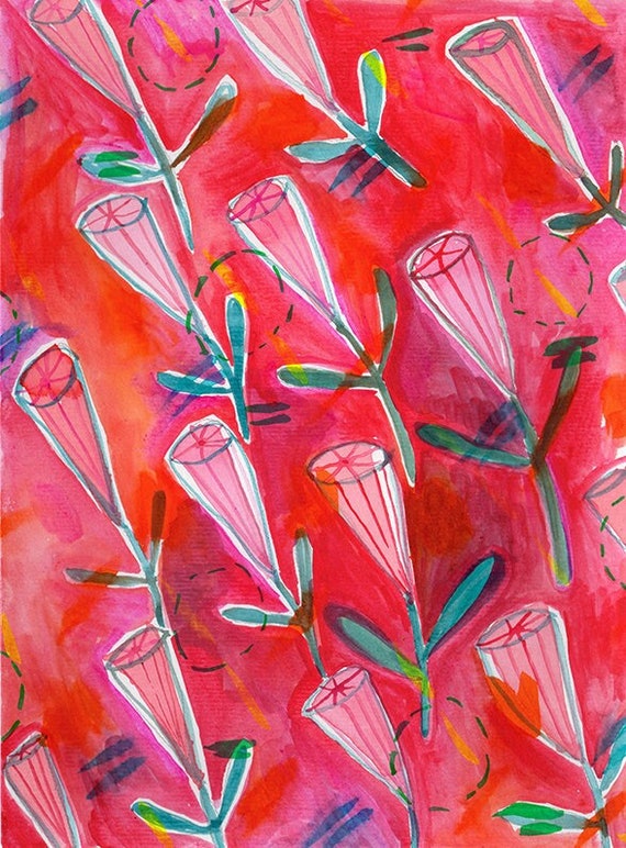 Pink Cone Pattern Original mixed media painting on paper by Paula Mills botanical art decor