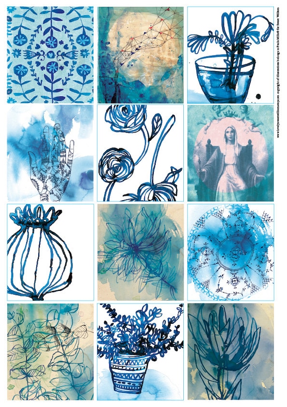 Blue Wash Tags, Instant Digital Download 12 gift tags for gifts, journalling, DIY craft projects, junk journal, collage