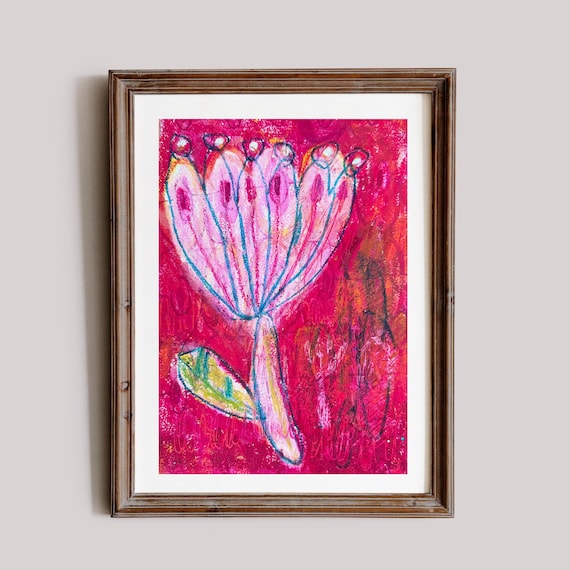 Big Pink Tulip No. 2 Original Floral Mixed Media Drawing – Botanical Wall Art, Hand-Drawn Flowers on Paper