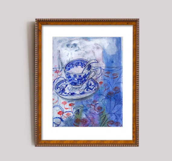 Carolyn's Tea Cup Still Life Wall Art Print Watercolour and Ink Painting Print