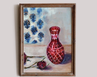 Ruby Red Glass Vase Still Life Wall Art Print  OIl Painting Print