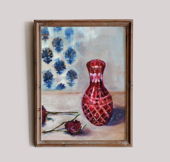 Ruby Red Glass Vase Still Life Wall Art Print  OIl Painting Print