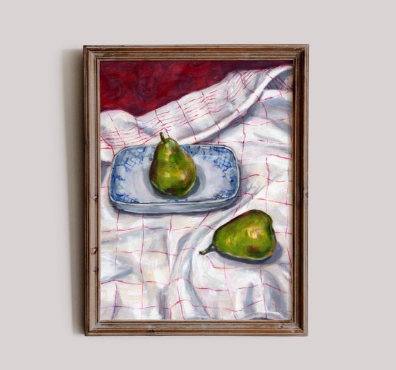 Two Pears on Linen Still Life Wall Art Print OIl Painting Print