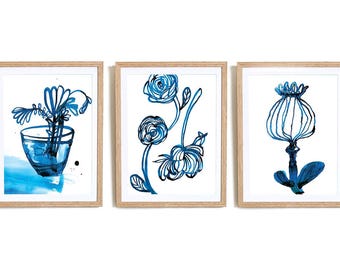 Set of 3 Inky Blue Archival Wall Art Prints Botanical Art Print Flower Decor, Botanical Print, Archival Wall Art Unframed Print