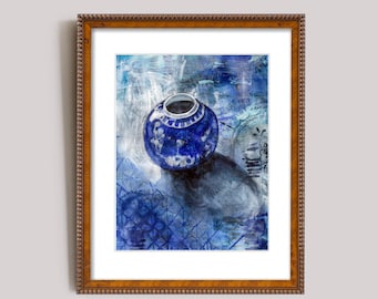 Royal Blue Ginger Pot Still Life Wall Art Print Watercolour and Ink Painting Print