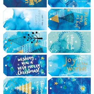 Christmas Gift Tags - Digital Download Set von 10 Sweet William Illustrative Tags, blaue Tinte, Weihnachten