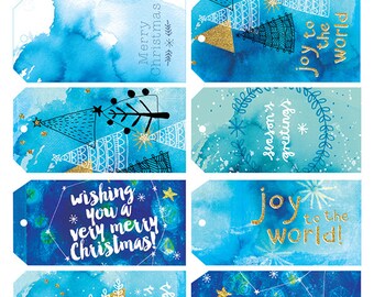 Christmas Gift Tags - Digital Download Set of 10 Sweet William illustrative tags, blue ink, Christmas