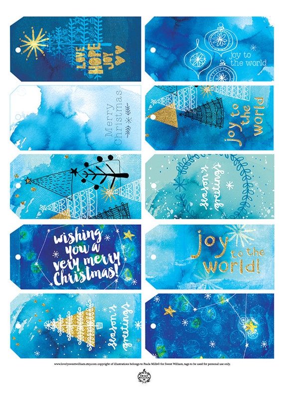 Christmas Gift Tags - Digital Download Set of 10 Sweet William illustrative tags, blue ink, Christmas