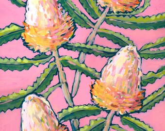 Pink Banksia Painting Wall Art Print Botanical Home Decor, Botanical Print, Archival Wall Art Unframed Print