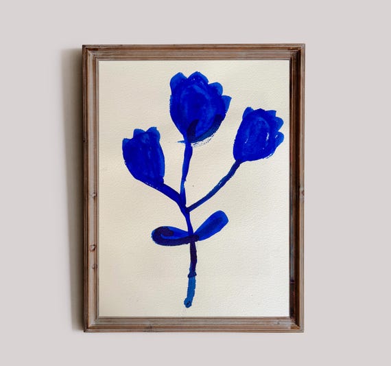 Blue Floral Shapes No. 3, Original painting on paper by Paula Mills, botanical art decor