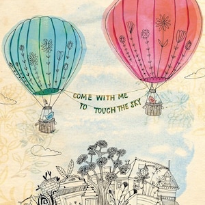 Touch The Sky Wall Art Print -  illustration kids decor pink and blue hot air balloons Wall art Decor