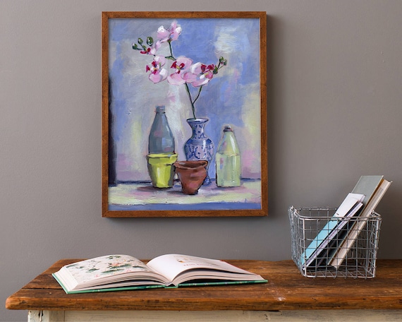 China Vase Wall Art Print  of Still Life Painting with Orchid decor Wal Art