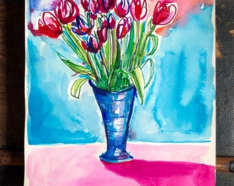 Original watercolor and ink painting on paper Spring Tulips artwork by Paula Mills Botanical Wall Art