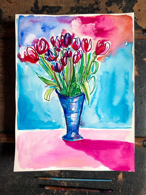 Original watercolor and ink painting on paper Spring Tulips artwork by Paula Mills Botanical Wall Art