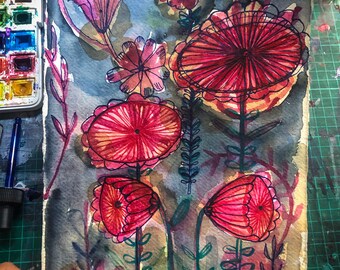 Daisies in  Pink and Grey Original watercolor and ink painting on paper by Paula Mills botanical art decor