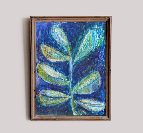 Blu Gum Leaves Original mixed media drawing on paper by Paula Mills, botanical art decor