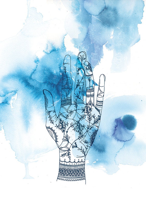 Blue Wash Hand Archival Wall Art Print blue ink