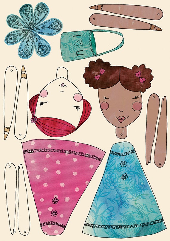 Lollo and Camille Paper Dolls, instant digital download, printable, 2 dolls per sheet,  DIY from Paula Mills illustrations