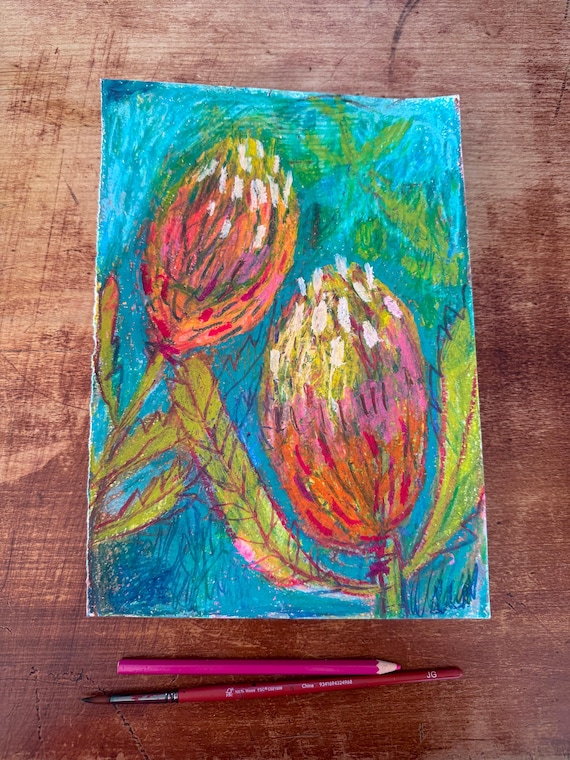 Banksia On Blue Original mixed media drawing on paper by Paula Mills, botanical art decor