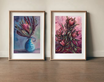 Set of 2  Wall Art Prints Beautiful Proteas Botanical art decor Flower Illustration Flower Decor, Botanical Archival Wall Art Unframed Print