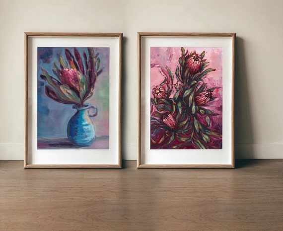 Set of 2  Wall Art Prints Beautiful Proteas Botanical art decor Flower Illustration Flower Decor, Botanical Archival Wall Art Unframed Print