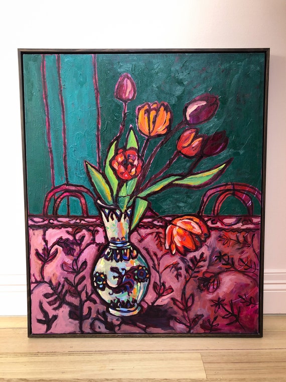 Red Tulips Original Framed Oil Painting on Canvas