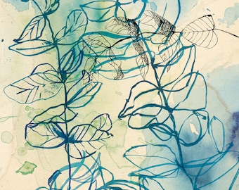 Blue Wash Leaf Wall Art print botanical blue