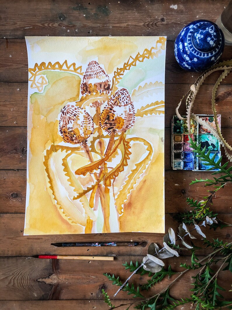 Banksia Gold No.1 peinture aquarelle originale art mural botanique image 1