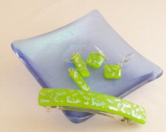Fused glass earrings  - dichroic dragonflies on yellow green - lime green - chartreuse dichroic glass dangle earrings (4028-4427)