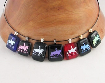 Dressage Horse pendant - dichroic horse on black fused glass necklace - dressage necklace