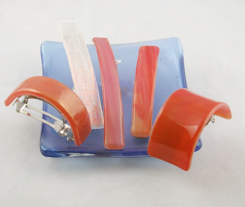 Coral or Orange barrette fused glass barrette Ponytail genuine French barrette 3-4 barrette 3322-3871 image 1