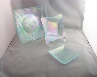 Clear Iridescent  bubble fused glass dish (4684-4687-4694)