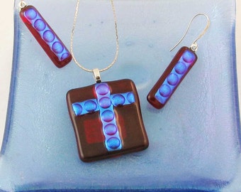 Cross necklace - Electric Red & Blue fused glass earrings or Cross - dichroic fused glass jewelry (3596-3701)