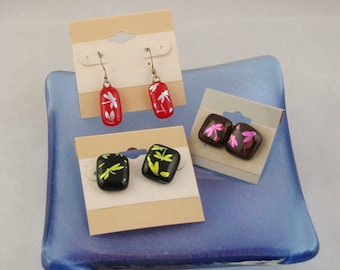 Dragonfly earrings - Dichroic fused glass earrings - pick your pair - fushcia - red- gold - dragonflies ( 2714-2780-3789)